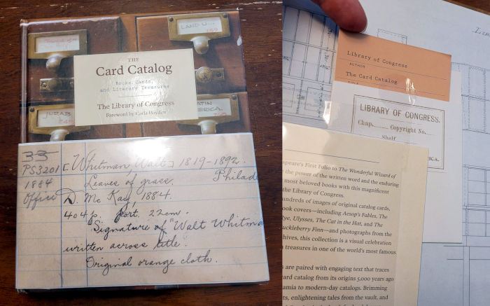 Photo of the book cover and inside the cover with a faux due-date card in a library-style pocket.
