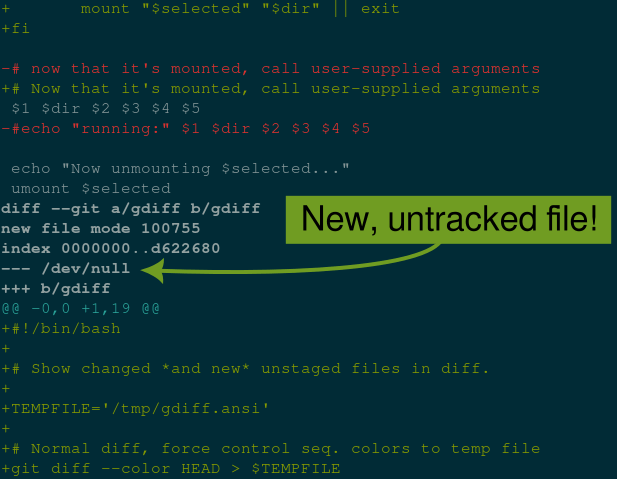 Screenshot showing a new unstaged file appearing in the diff output as added content.
