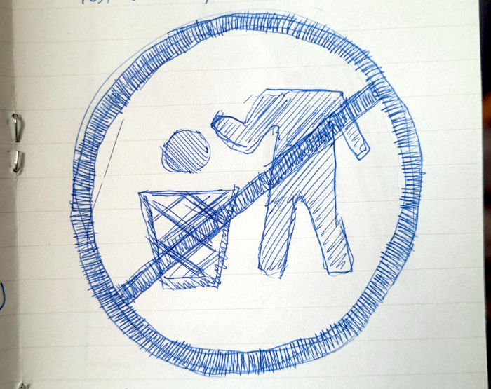Blue ink sketch on lined notebook paper. An abstract human figure throws its head into a waste basket. A big circle with a line through it indicates that you should NOT do this.