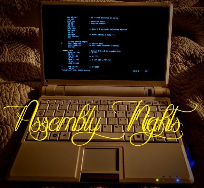 My faithful asus eeepc 701 waiting romantically on the bed text reads 'Assembly Nights'