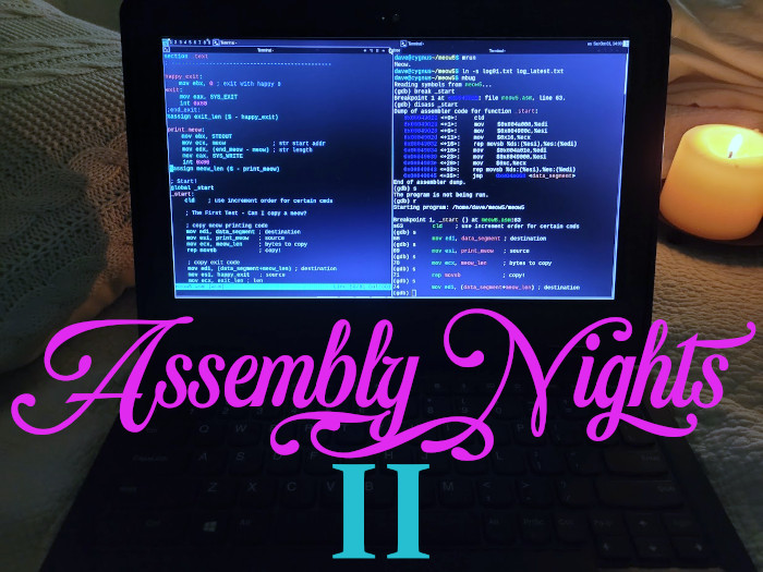 my lenovo 11e thinkpad with assembly code waiting romantically on the bed with a candle. text reads 'Assembly Nights II'