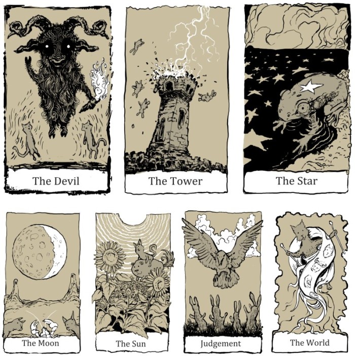 Examples of seven tarot cards from my Hoo deck.
