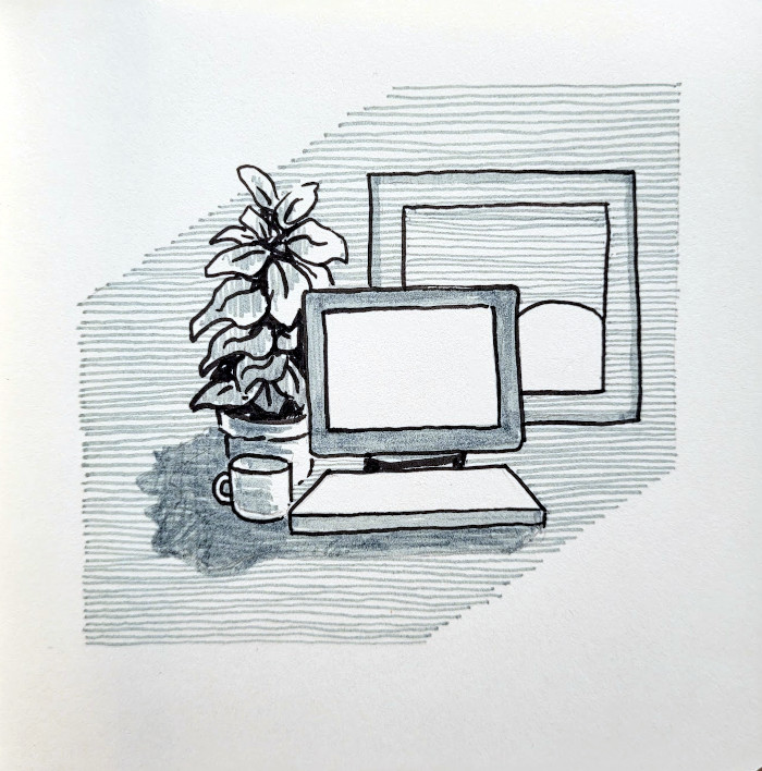 Simple pen drawing of a computer with a window and sunrise and mug and potted plant.