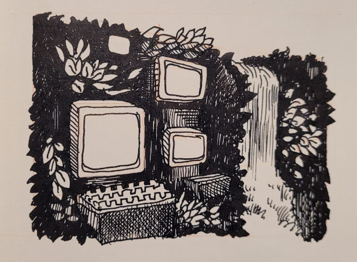 A paradise with waterfall and foliage that also has some computers in it.