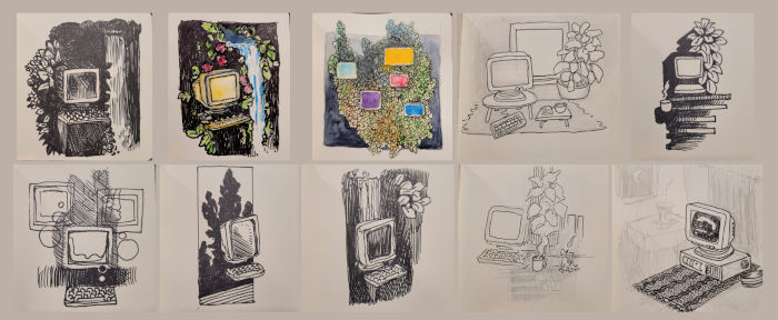 Collage of 10 sketchbook drawings of various scenes with computers.
