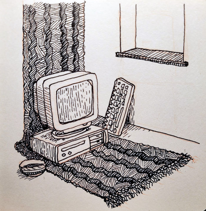Pen drawing of an old computer on a long tapestry or rug in a bare room with a window and a keyboard propped against the wall.