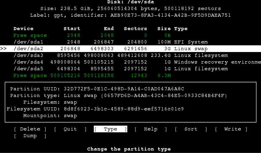 screenshot of cfdisk as described below