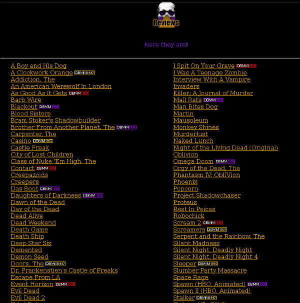 A screenshot of the list of reviews circa 1999