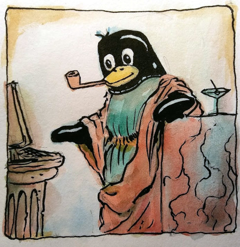 watercolor image of a penguin in a toga working on a computer perched atop a marble column. penguin has a pipe and martini glass