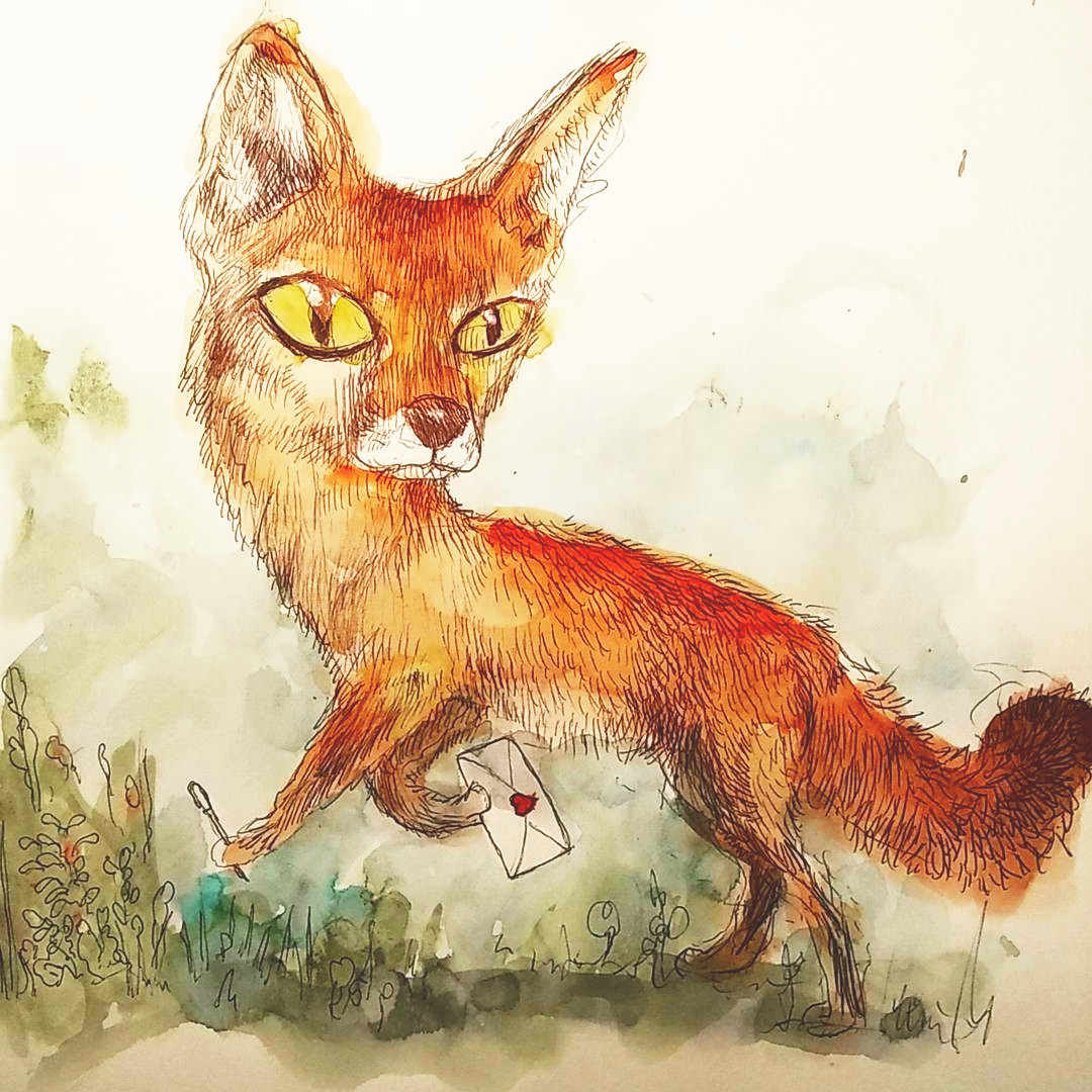 a fox holds a pen and letter sealed with a wax heart