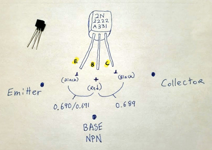 drawing of 2n2222 transistor pins as determined by multimeter