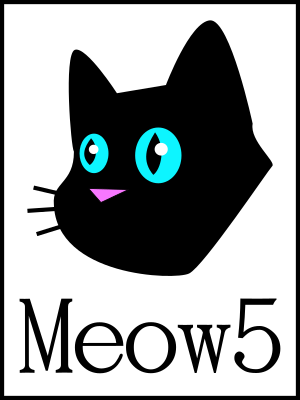 meow5 kitty logo is black with two bright teal eyes and a pink nose